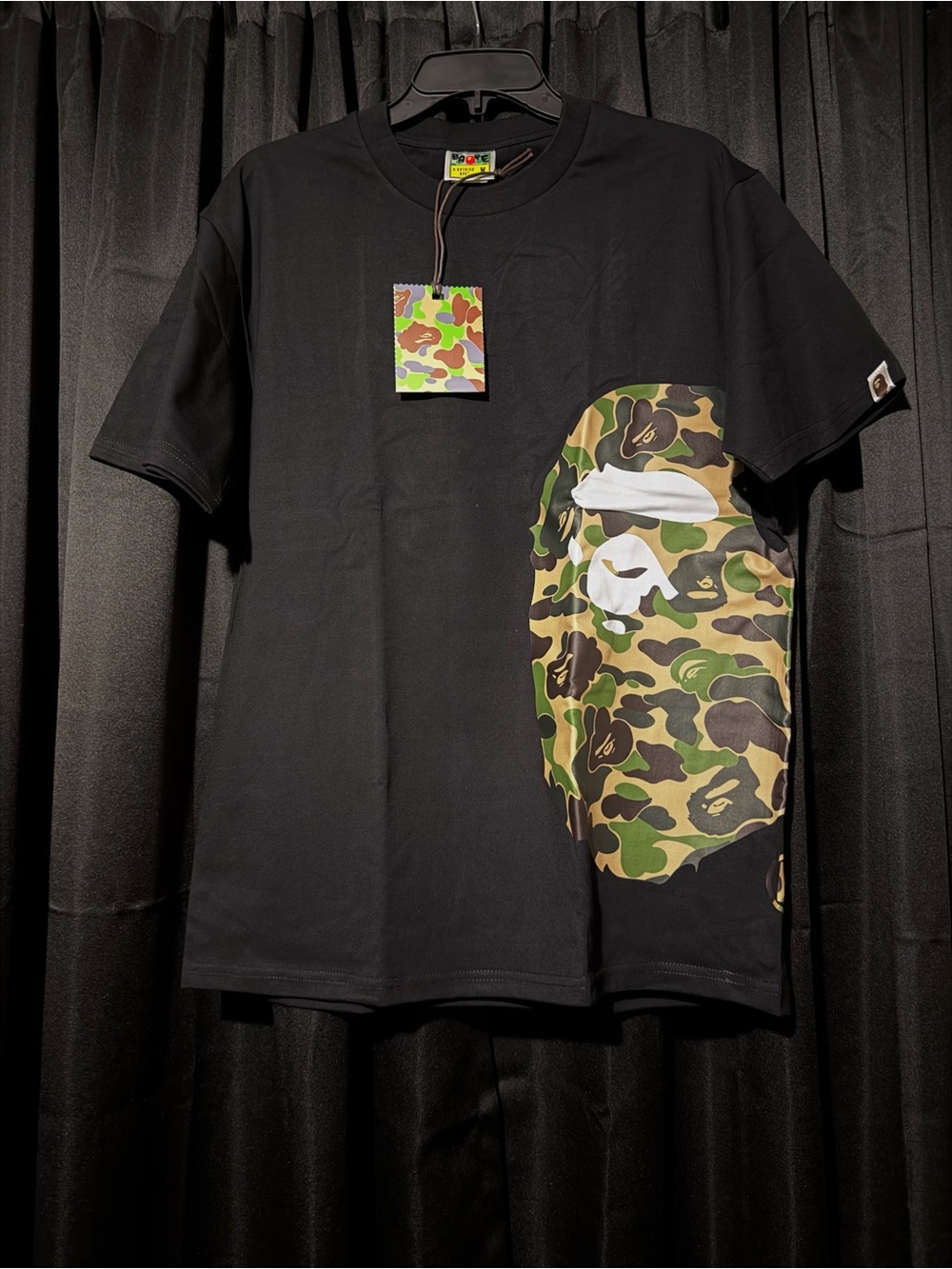 Bape Black Tee with Green & Brown Camo Ape Head